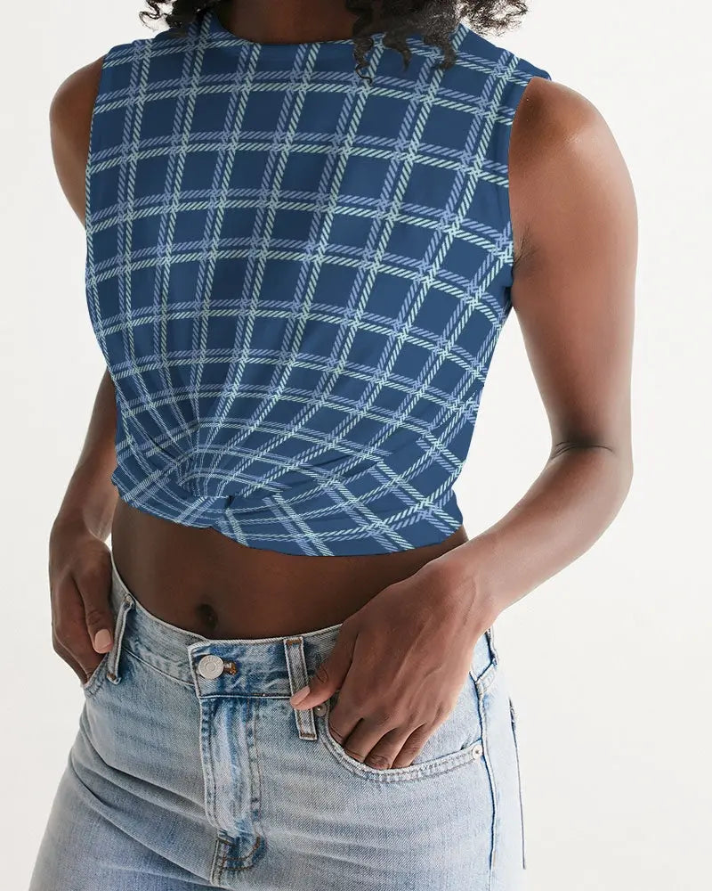 Camiseta sin mangas azul oscuro con parte delantera torcida para mujer 